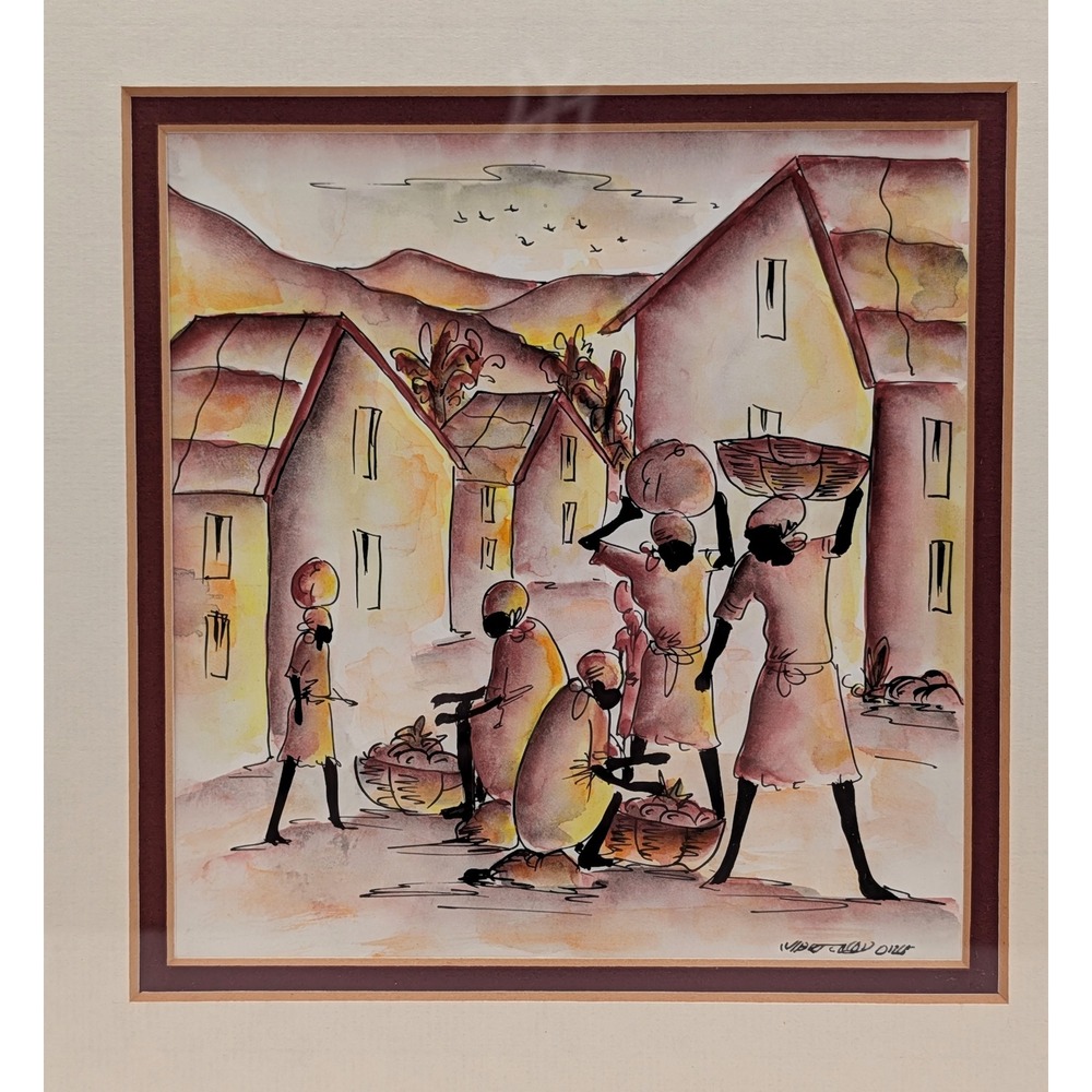 Original Signed Watercolor Village Scene Painting Framed Gold Tone 12x11